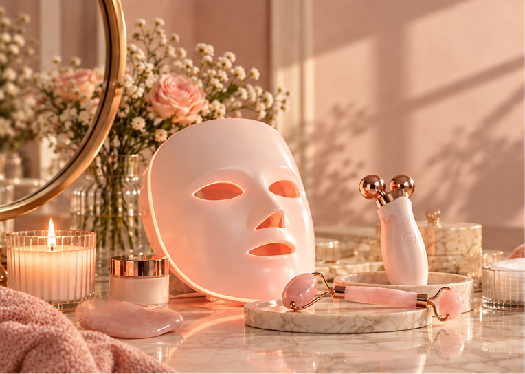 LED beauty mask and facial tools on a soft blush vanity